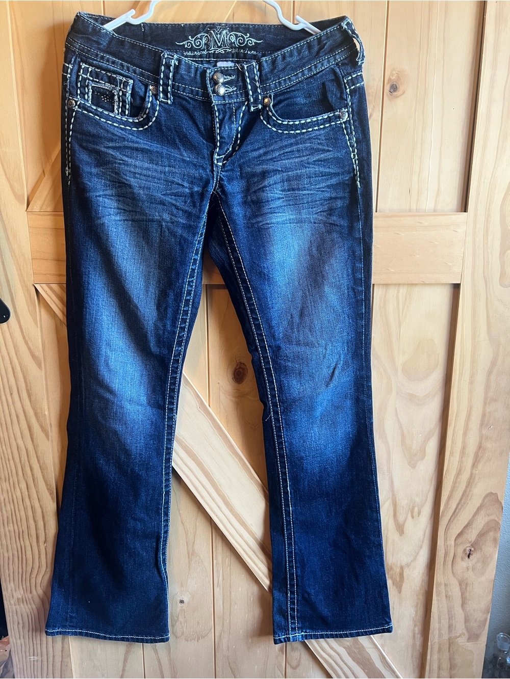 Maurices Dark Blue Boot Cut Jeans with Contrast Stitching Embellished Pockets 5